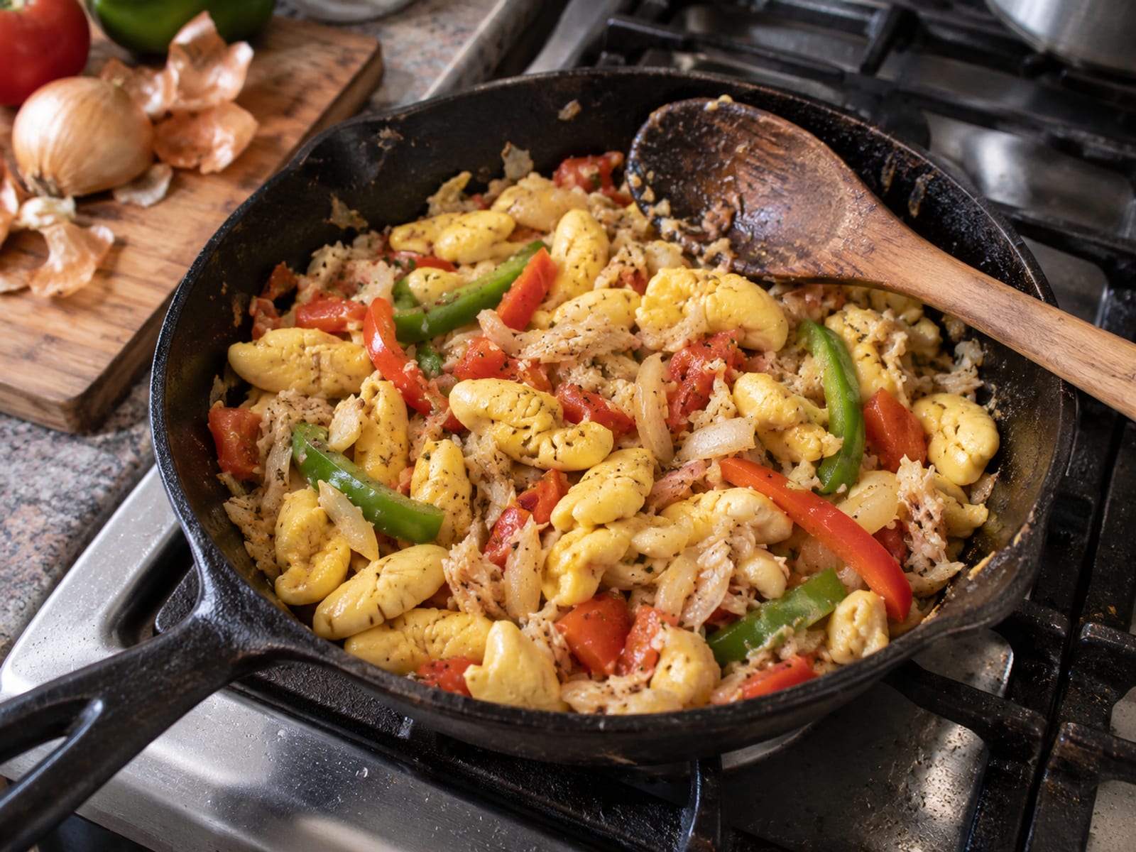 Saltfish and ackee cooked with onions and peppers in a skillet