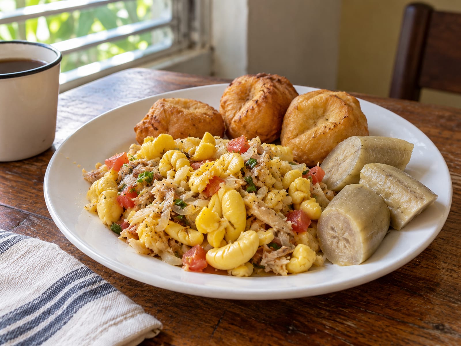 A plate of ackee and saltfish with fried dumplings and boiled green banana on a breakfast table