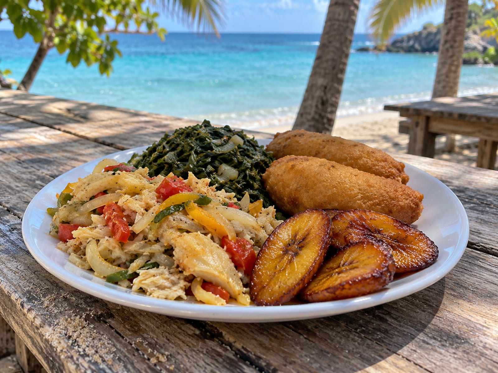 Steamed callaloo, festival and sweet plantain beside a plate of saltfish on a beach-side table