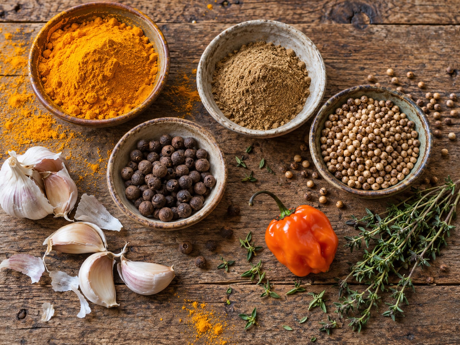 Bowls of turmeric, cumin, coriander and whole pimento berries on a wooden table