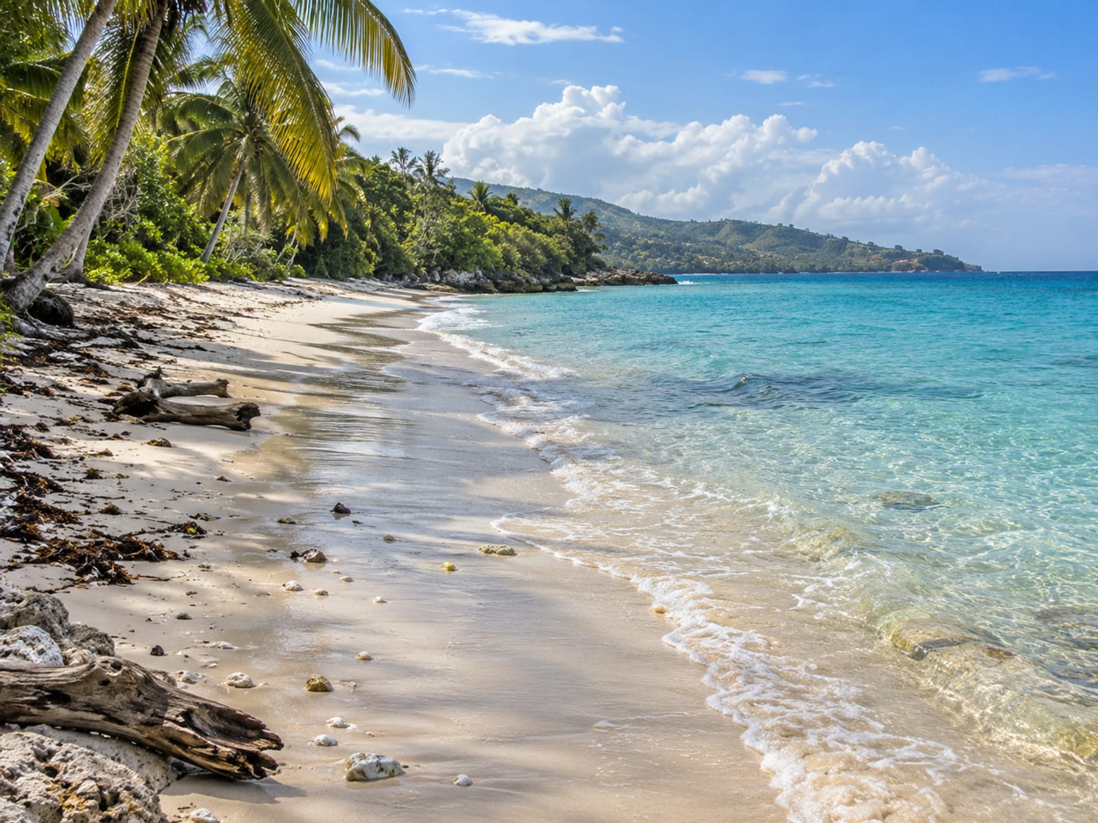 A curving tropical shoreline with turquoise water and palm trees at midday