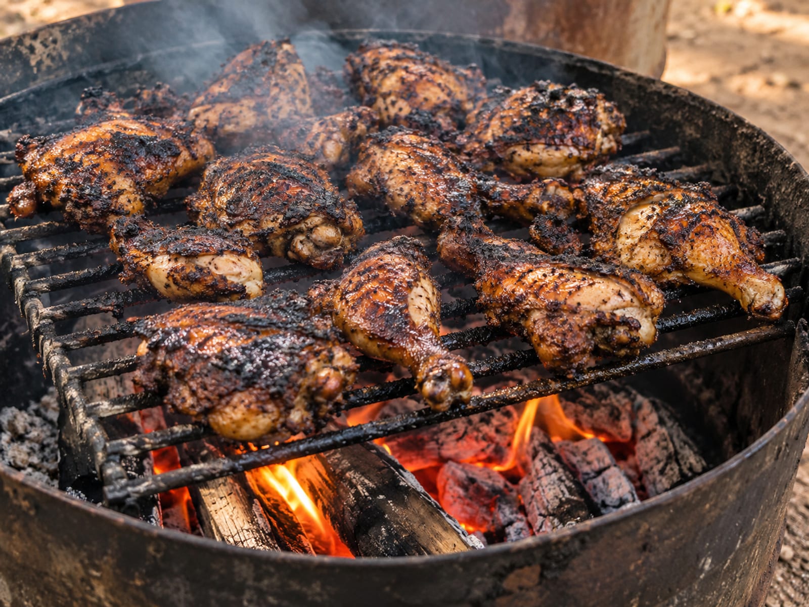 Chicken pieces cooking slowly on a metal drum grill over glowing wood coals