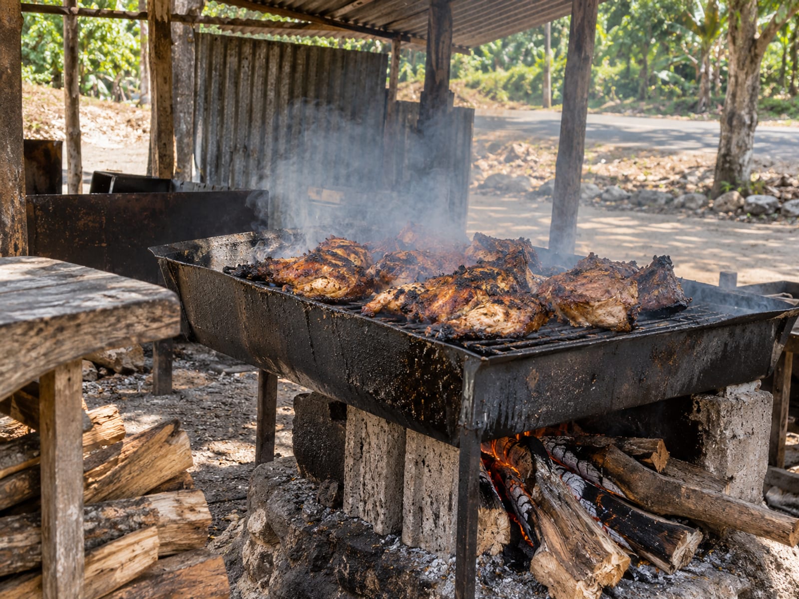 A roadside jerk pan with smoking chicken pieces beside a wood fire