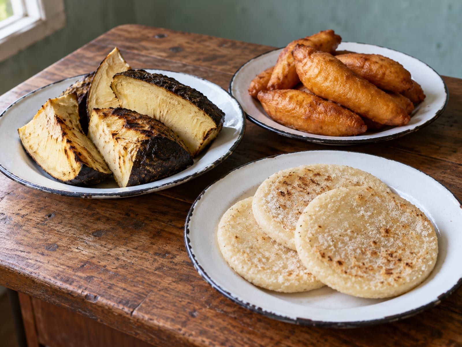 Plates of roast breadfruit, festival and bammy on a plain wooden counter