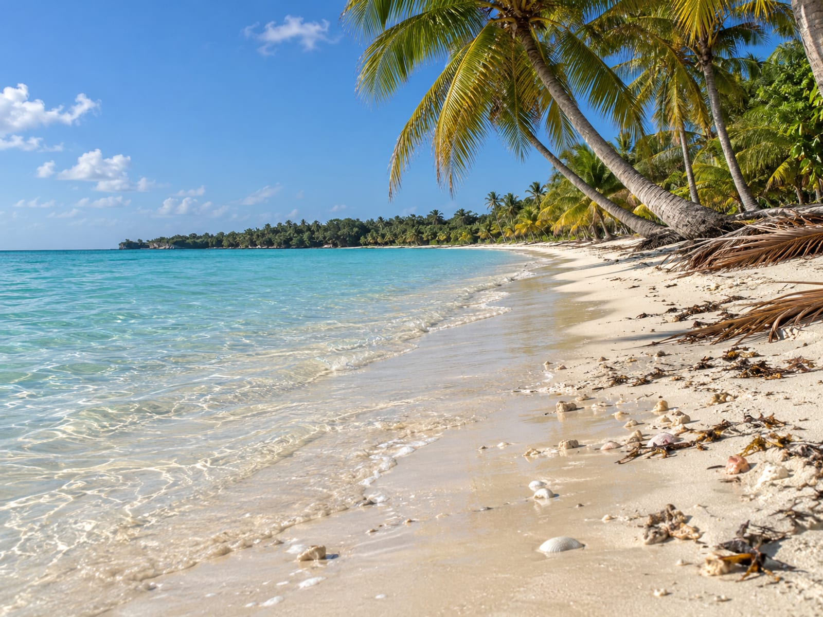 A long white sand beach with palm trees and calm turquoise water