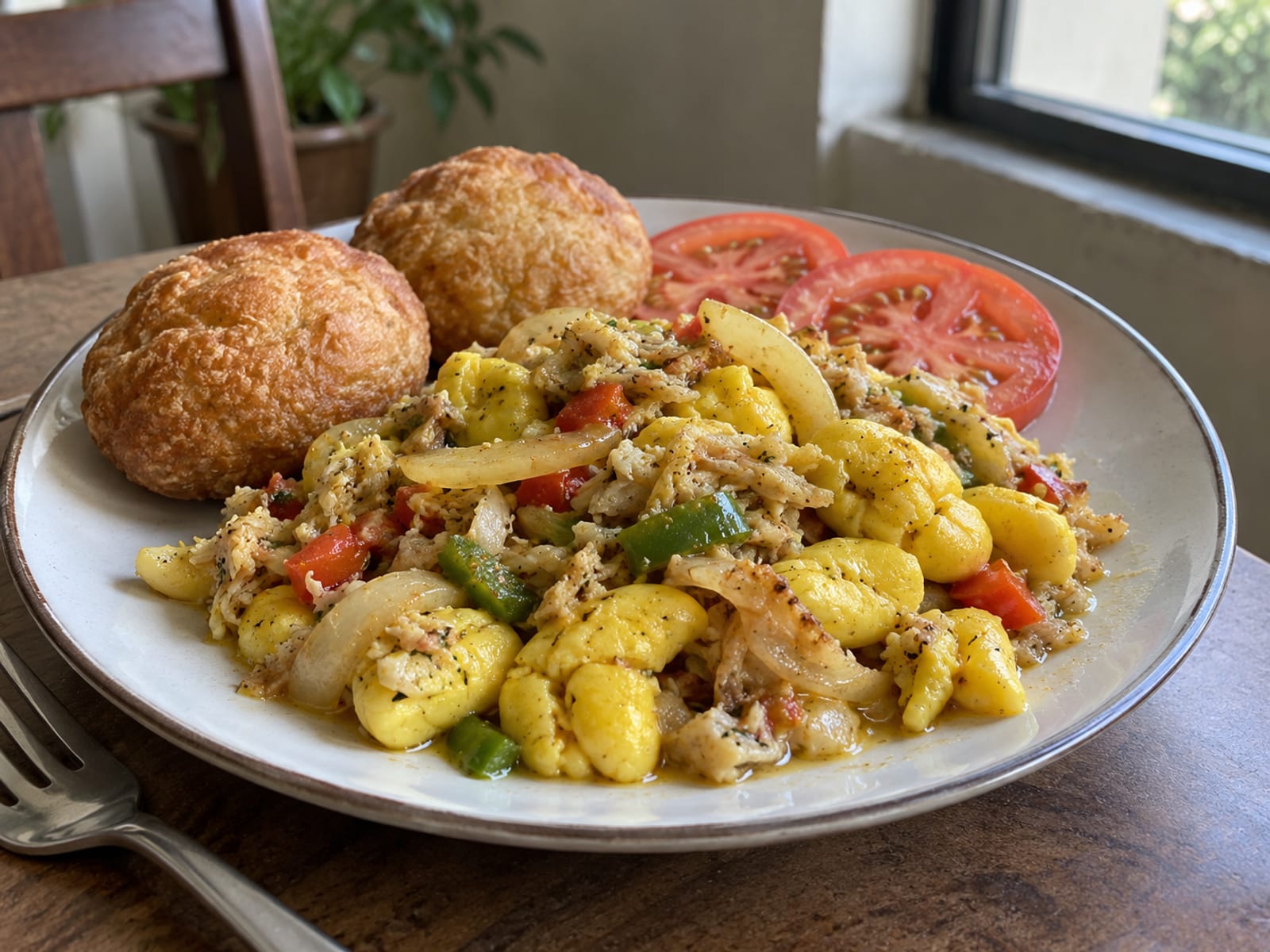 A plate of ackee and saltfish with fried dumplings and sliced tomato on a table