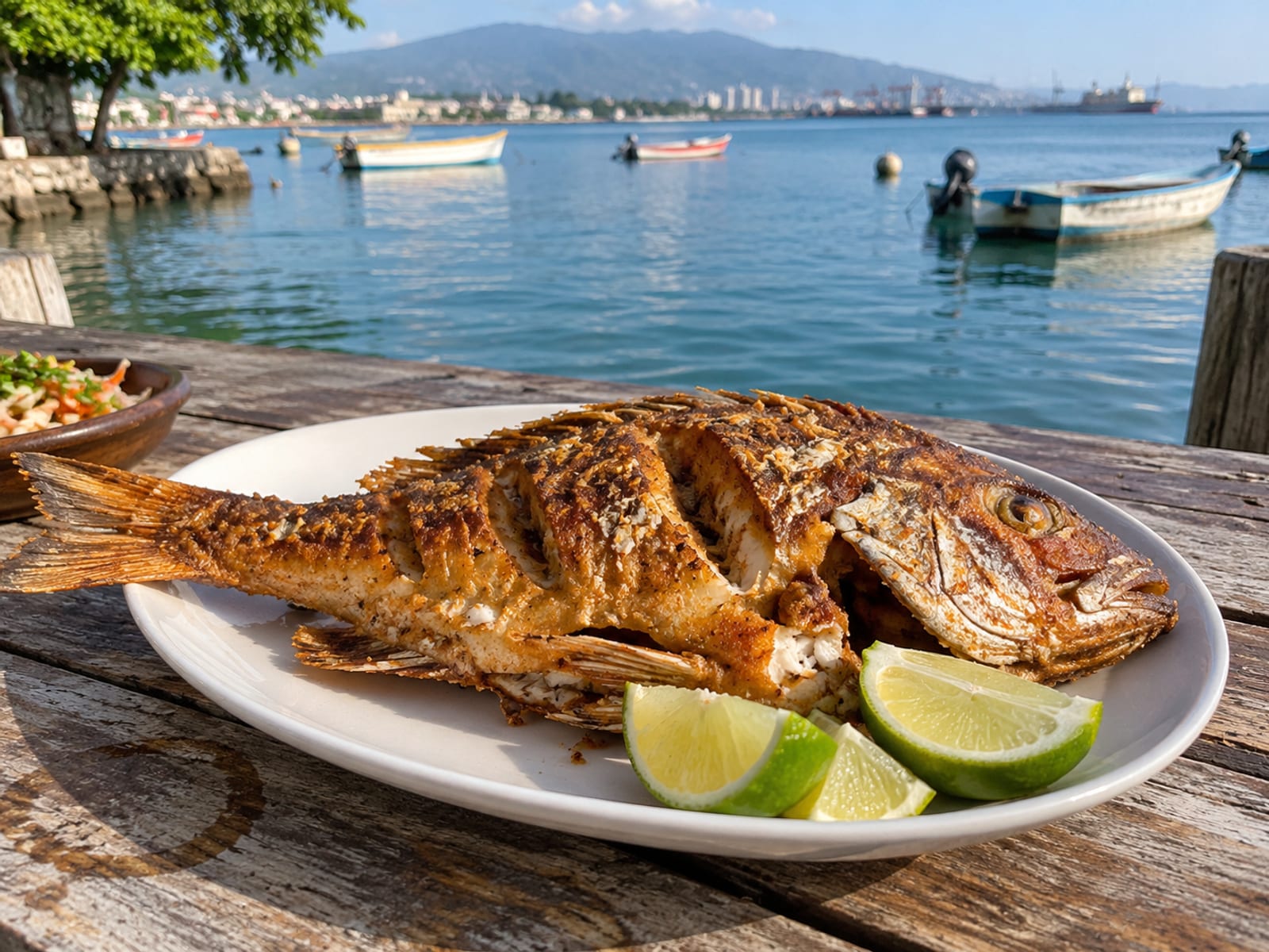 A whole fried fish with lime wedges on a plate beside a calm harbour