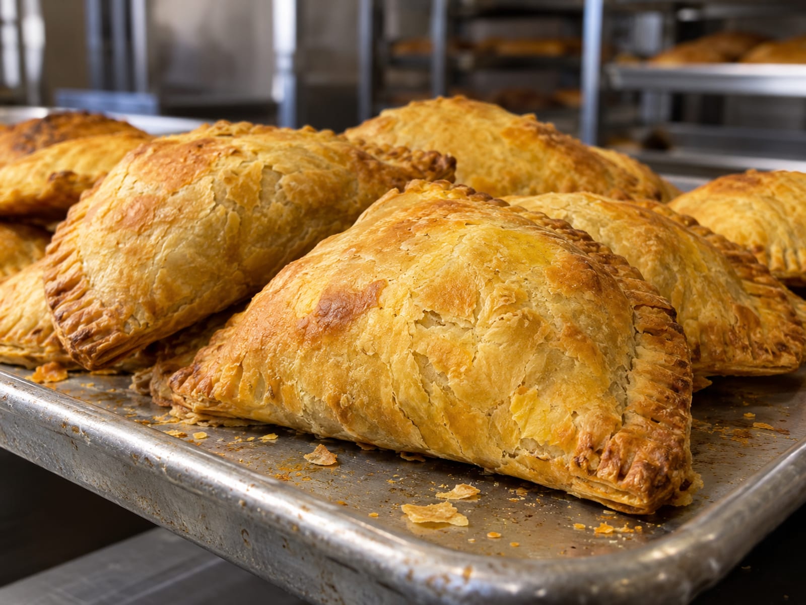 Golden baked beef patties stacked on a metal bakery tray