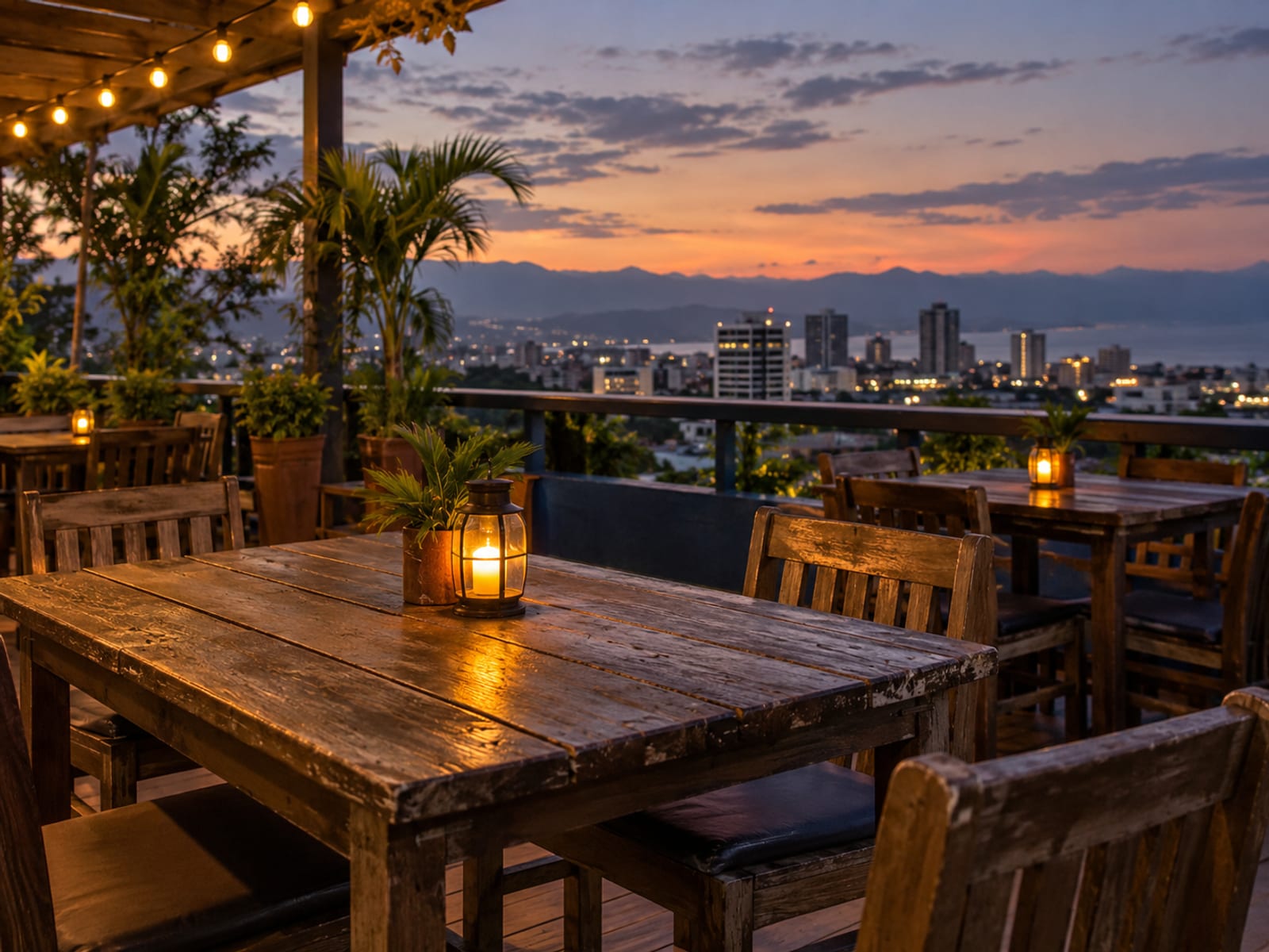 An empty rooftop terrace with wooden tables and string lights at dusk above a city skyline