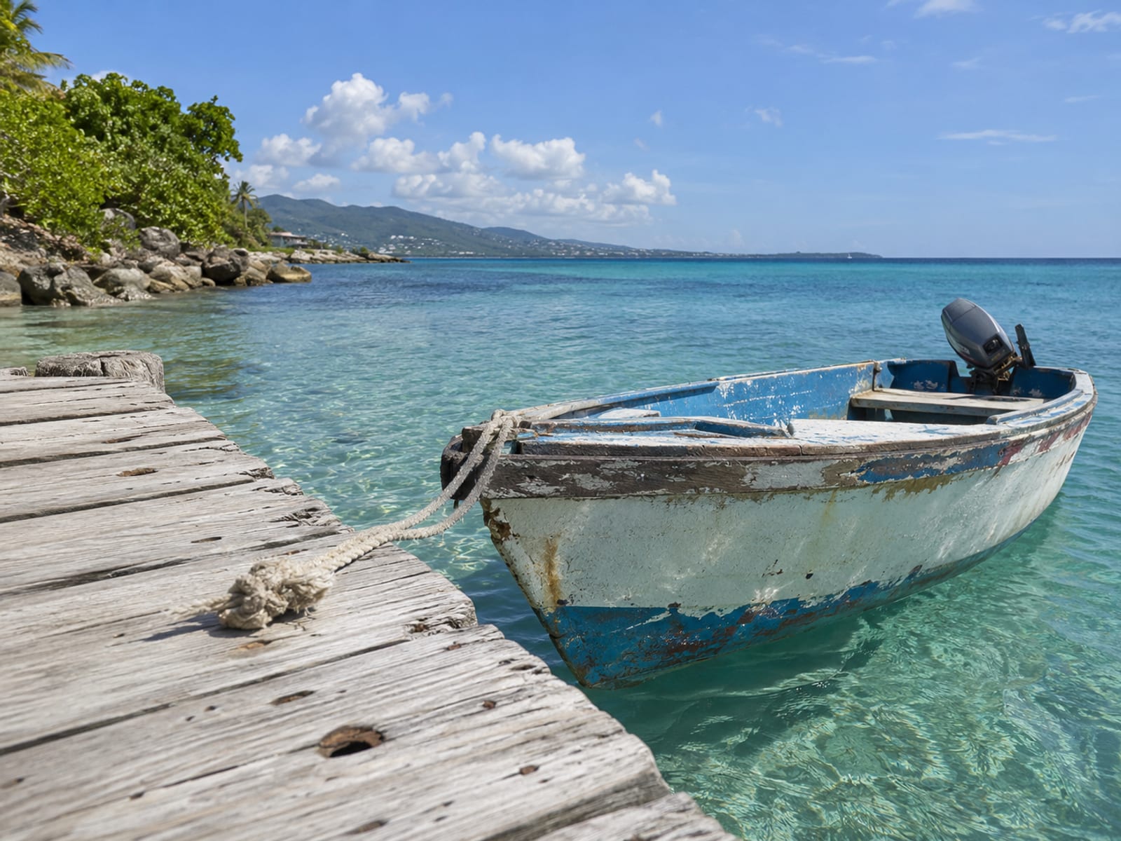 A wooden dock and small boat on calm turquoise bay water at midday
