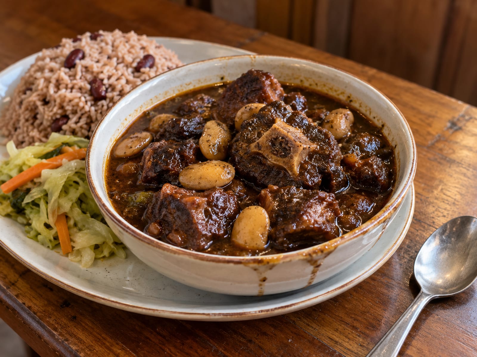 A bowl of oxtail stew with rice and peas on a wooden table