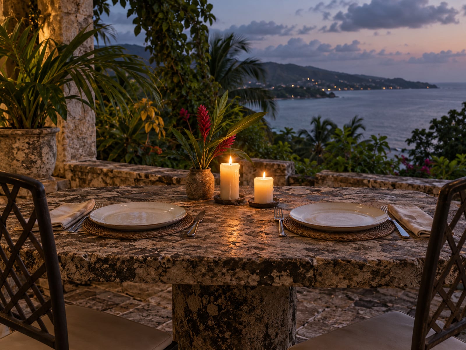 A candlelit table set for dinner on a stone terrace with tropical plants