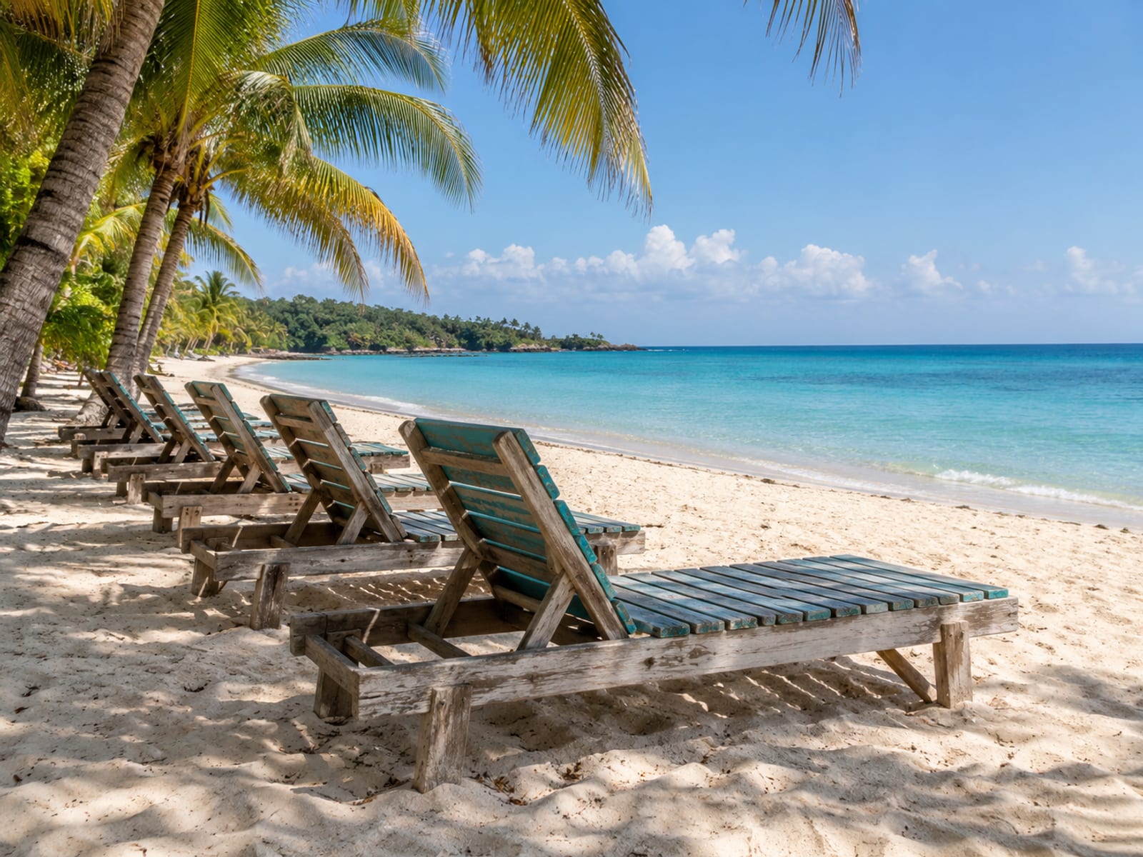 Empty lounge chairs under palm trees on a wide white sand beach