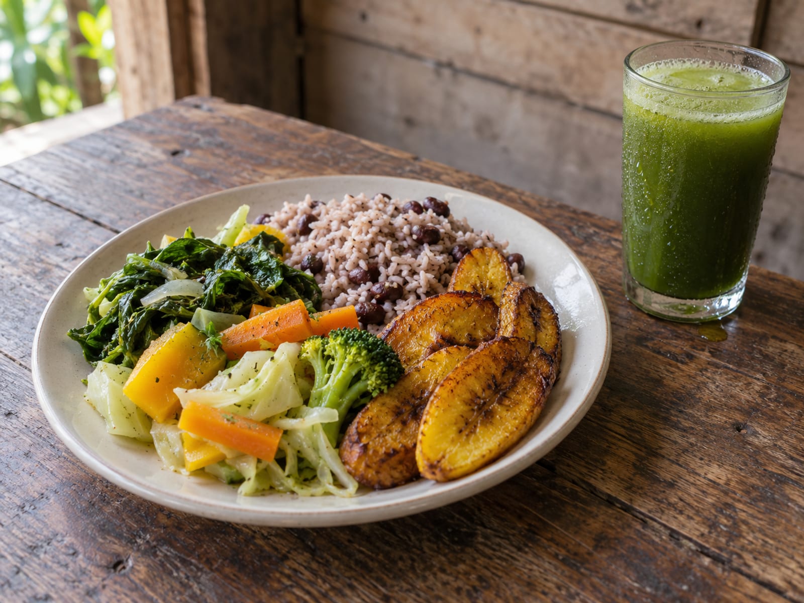 A plate of steamed vegetables, rice and plantain beside a glass of fresh juice
