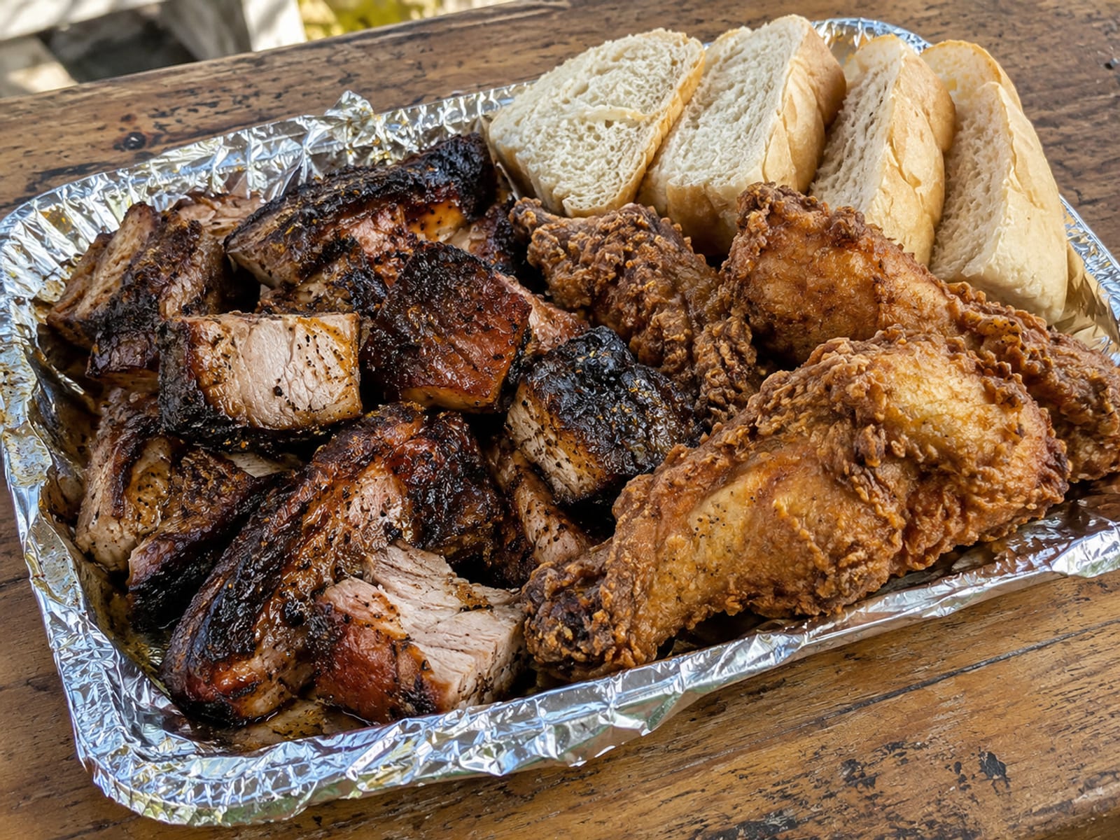 Jerk pork and fried chicken pieces on a foil tray with sliced bread