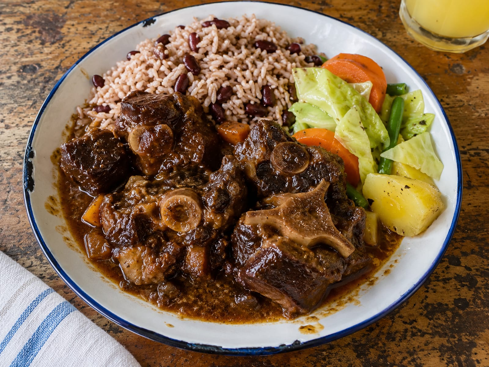 A plate of oxtail stew with rice and peas and steamed vegetables