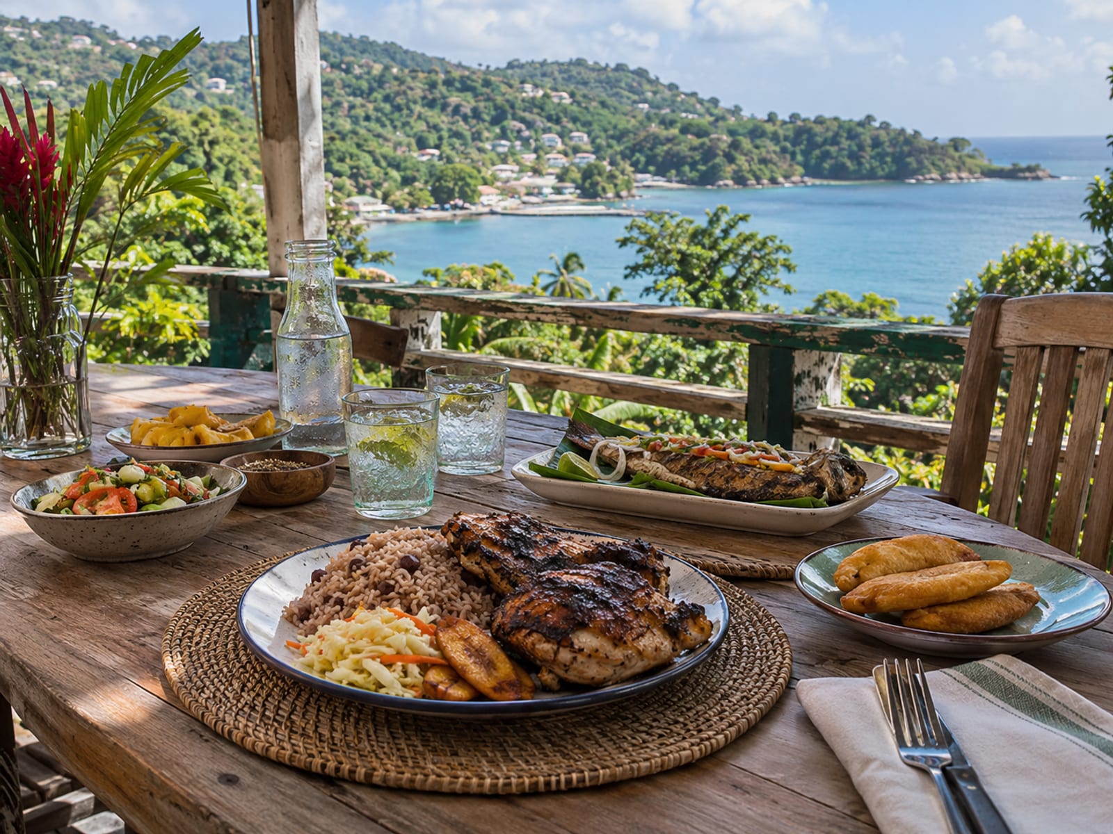 An empty verandah table set for lunch overlooking a tropical bay