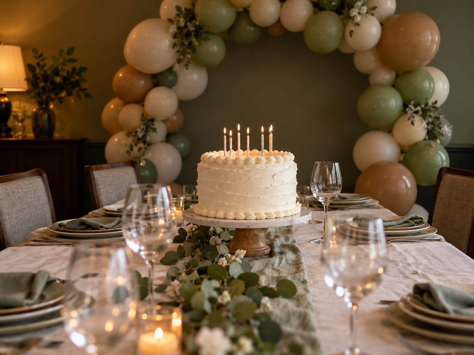 Whole birthday cake with candles on a decorated table beside wine glasses