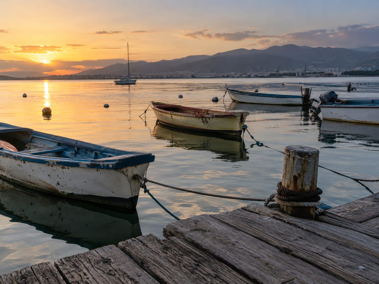 Calm harbour at evening with moored boats and a pier in warm light
