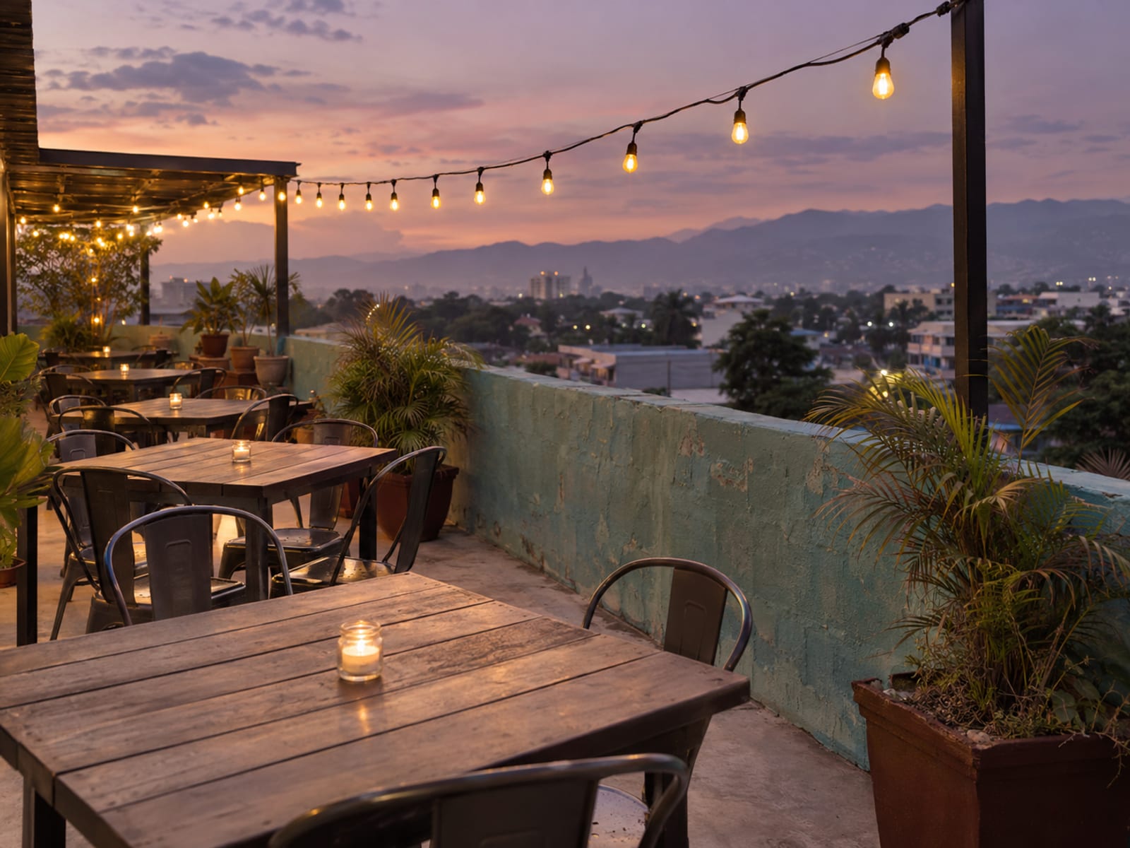 Rooftop terrace at dusk with string lights and a view over city lights