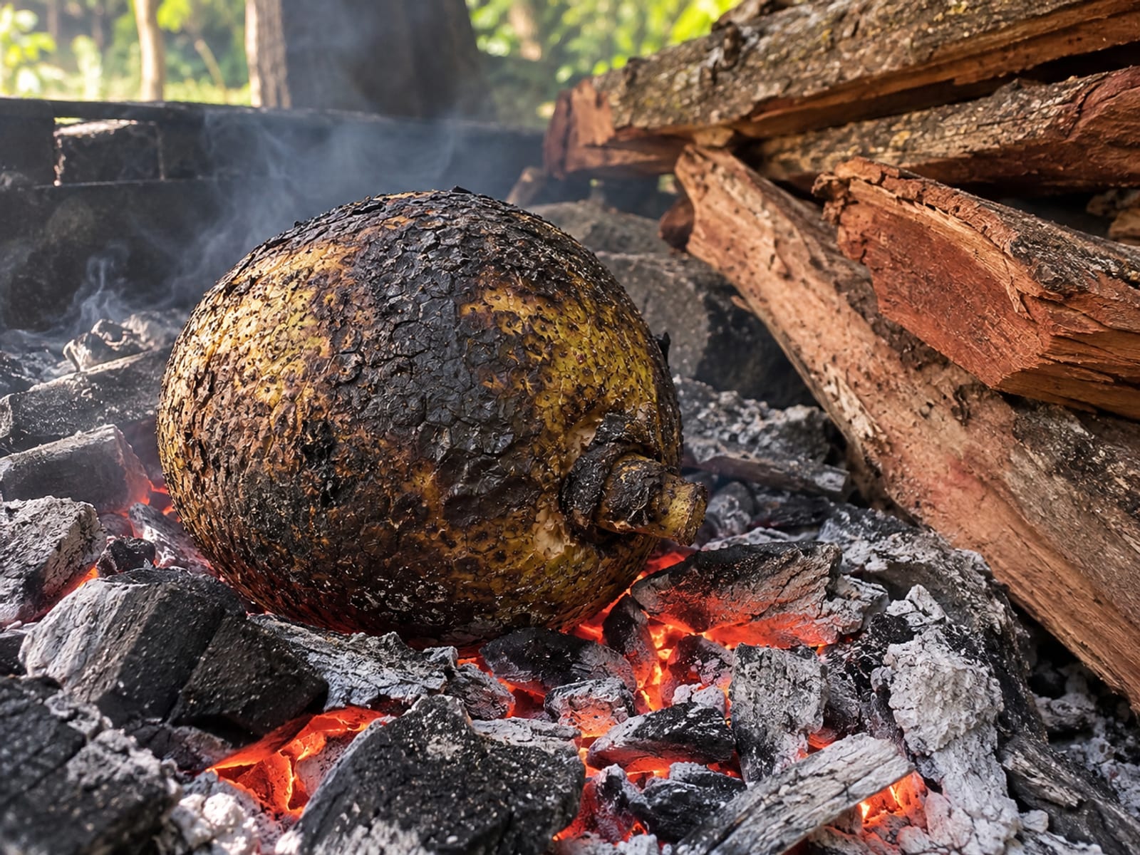 Whole breadfruit roasting over glowing coals beside a pile of pimento wood