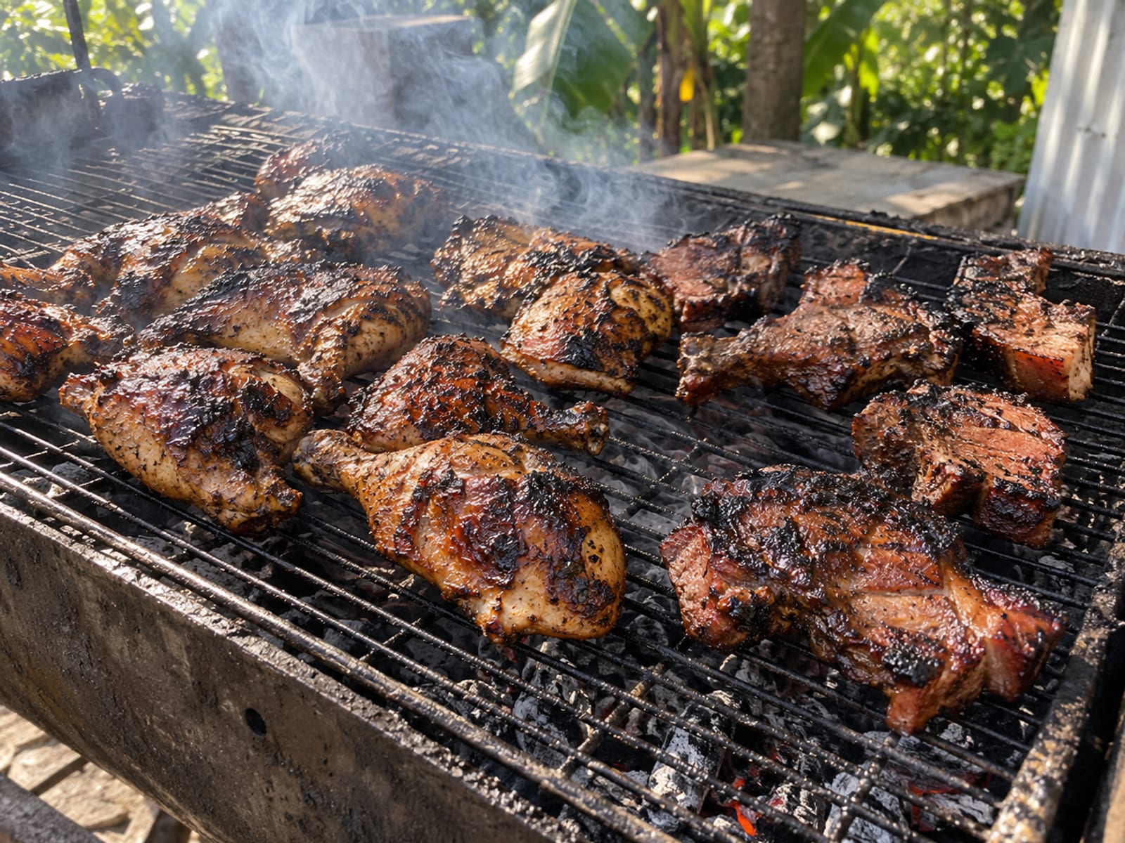 Jerk chicken and pork pieces cooking on a smoking grill