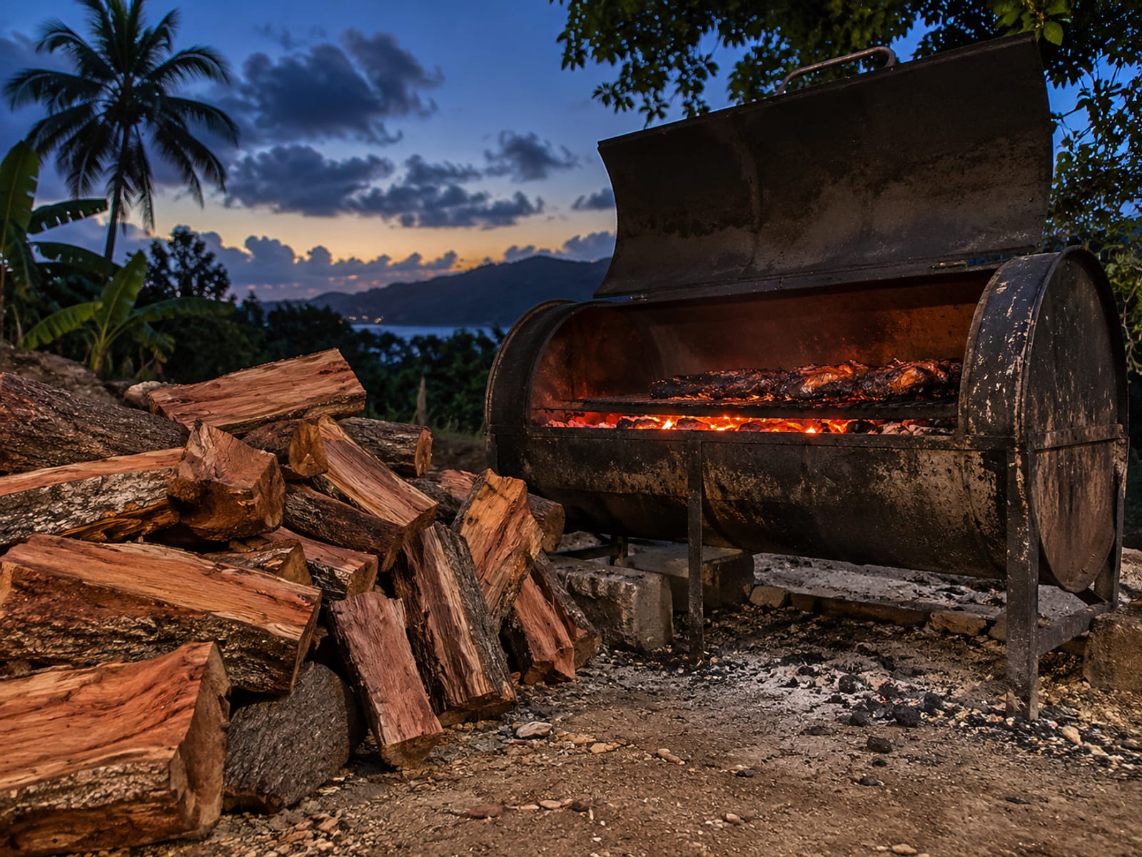 Split pimento wood logs stacked beside a metal jerk drum with embers glowing