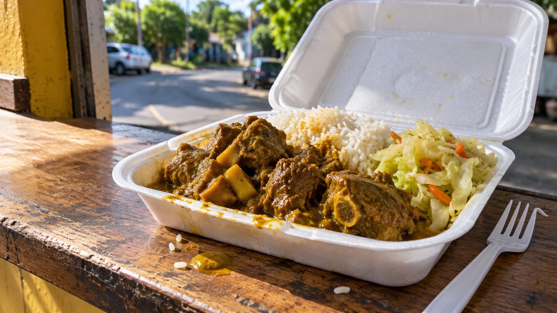A plain foam takeaway box of curry goat with rice on a sunlit wooden counter