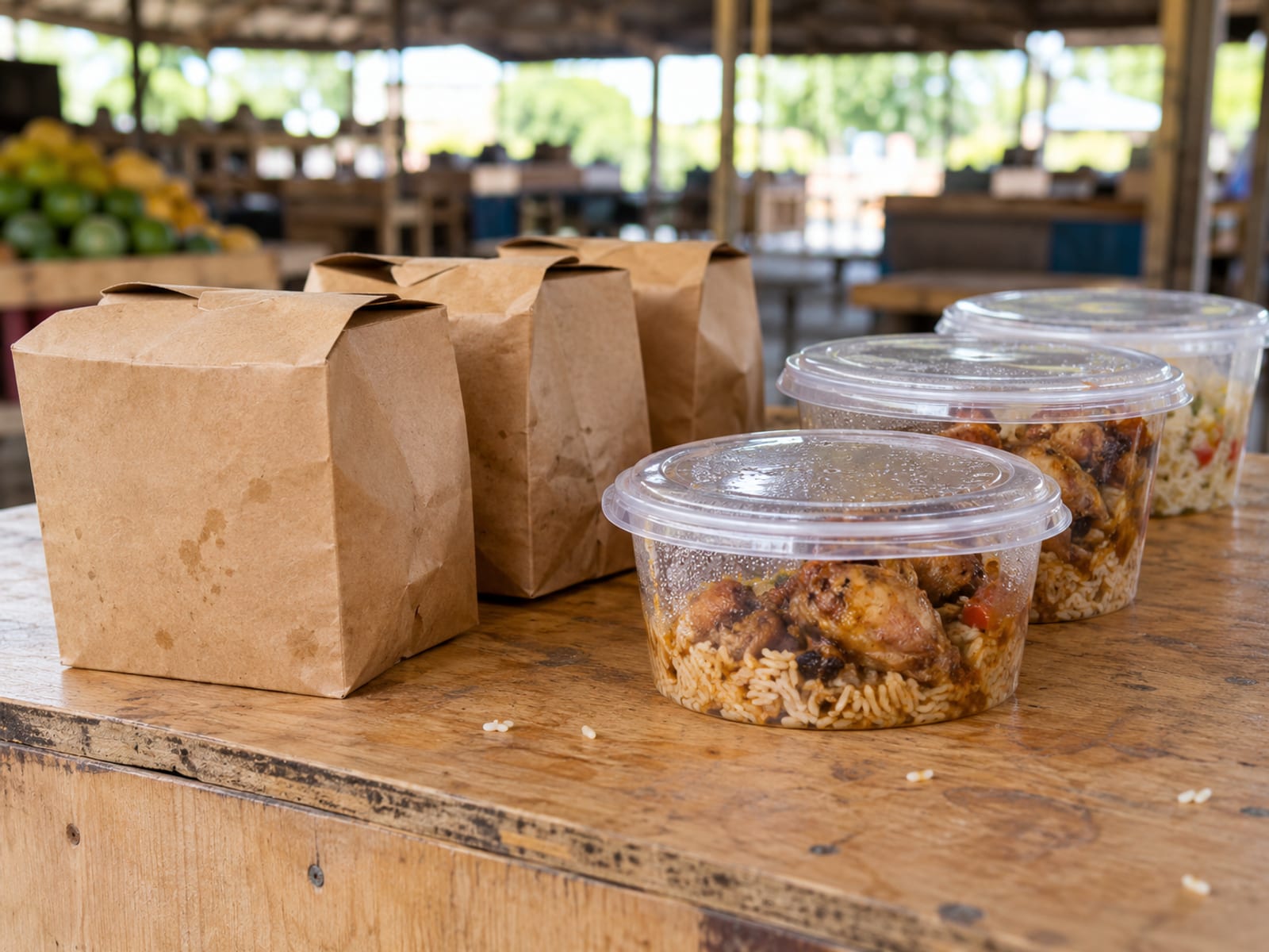 Plain brown paper food boxes beside clear plastic containers on a market table