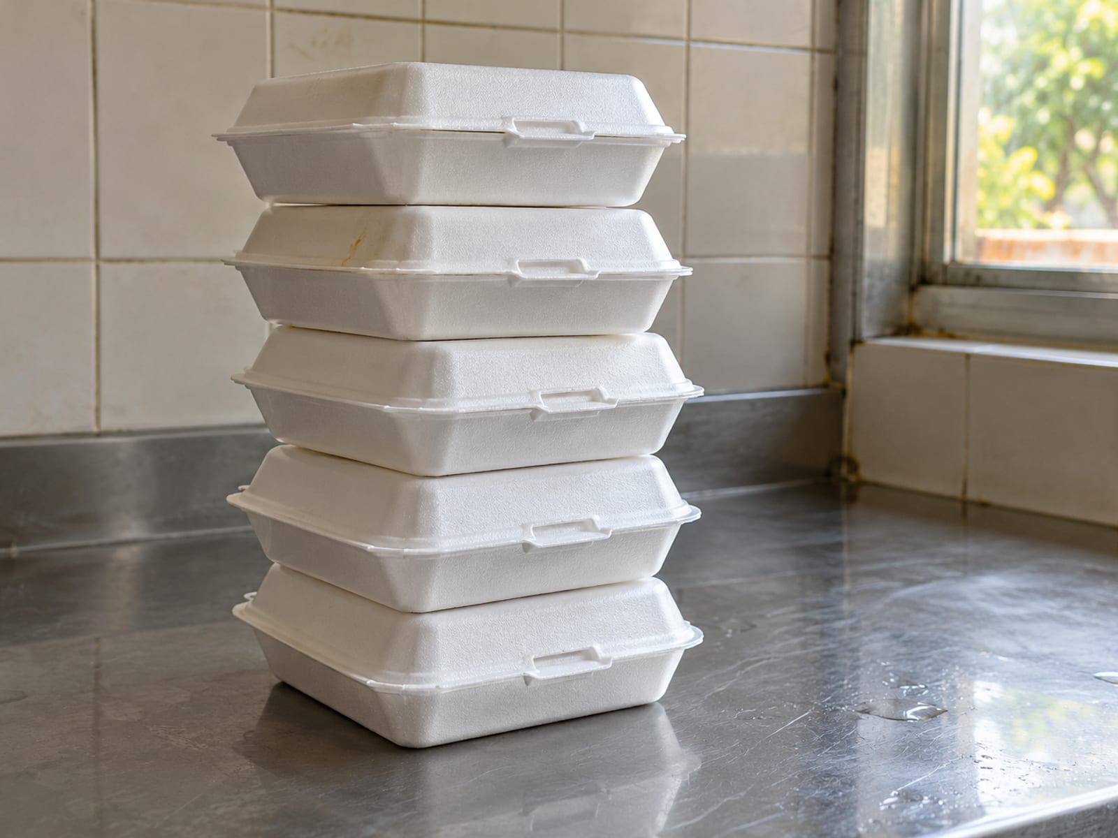 Closed white foam takeaway boxes stacked on a plain kitchen counter