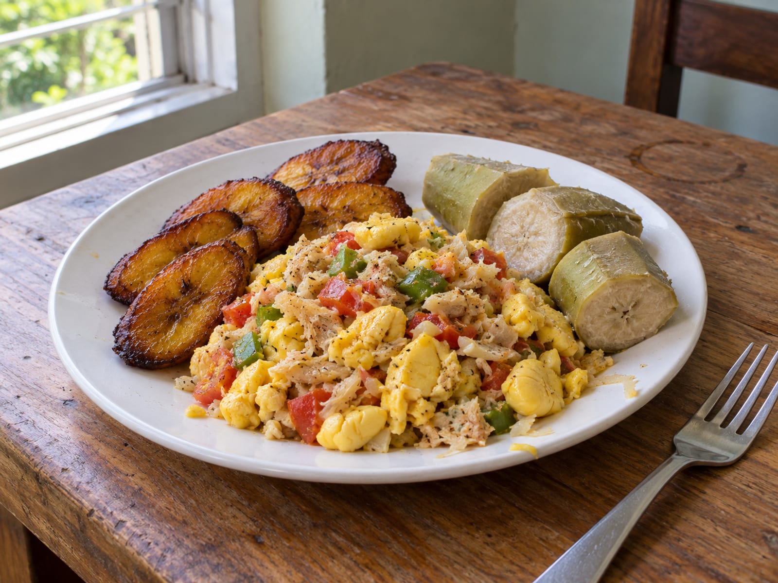 A plate of ackee and saltfish with fried plantain and boiled green banana on a plain table