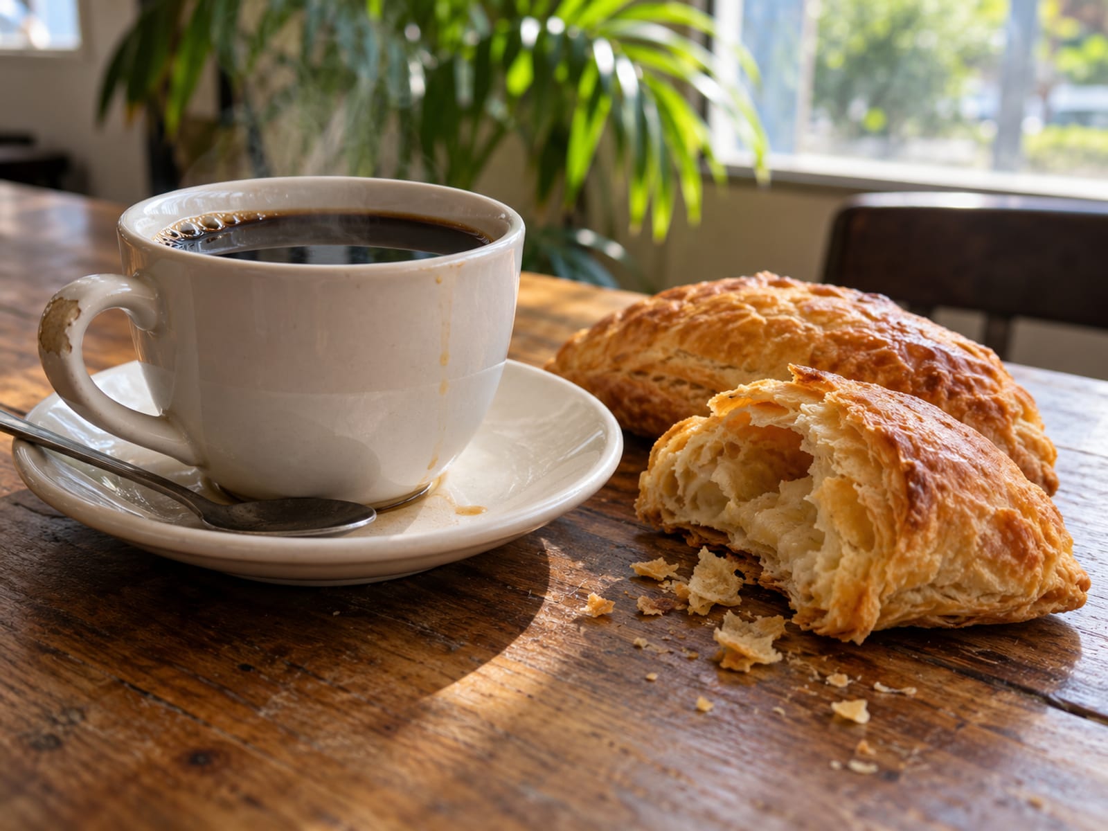 A cup of coffee beside two pastries on a wooden café table in morning light