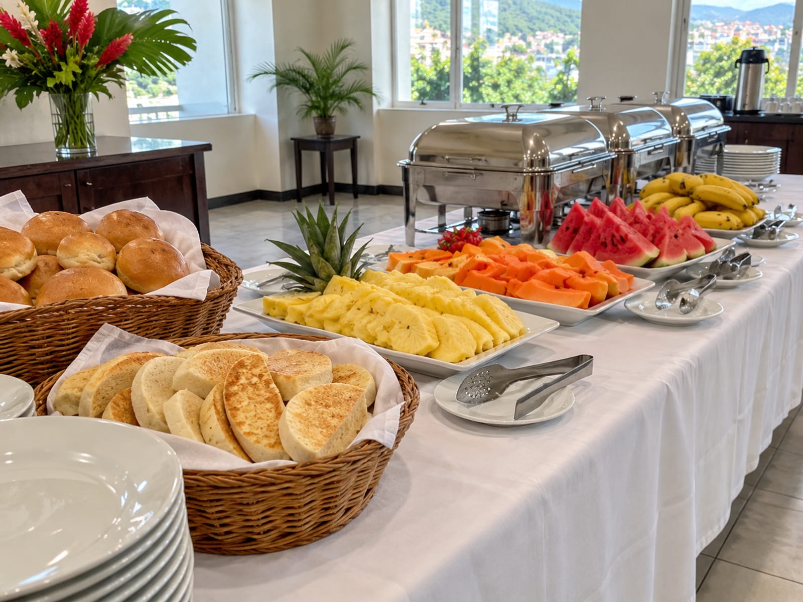 A breakfast buffet table with fresh tropical fruit, breads and covered serving dishes