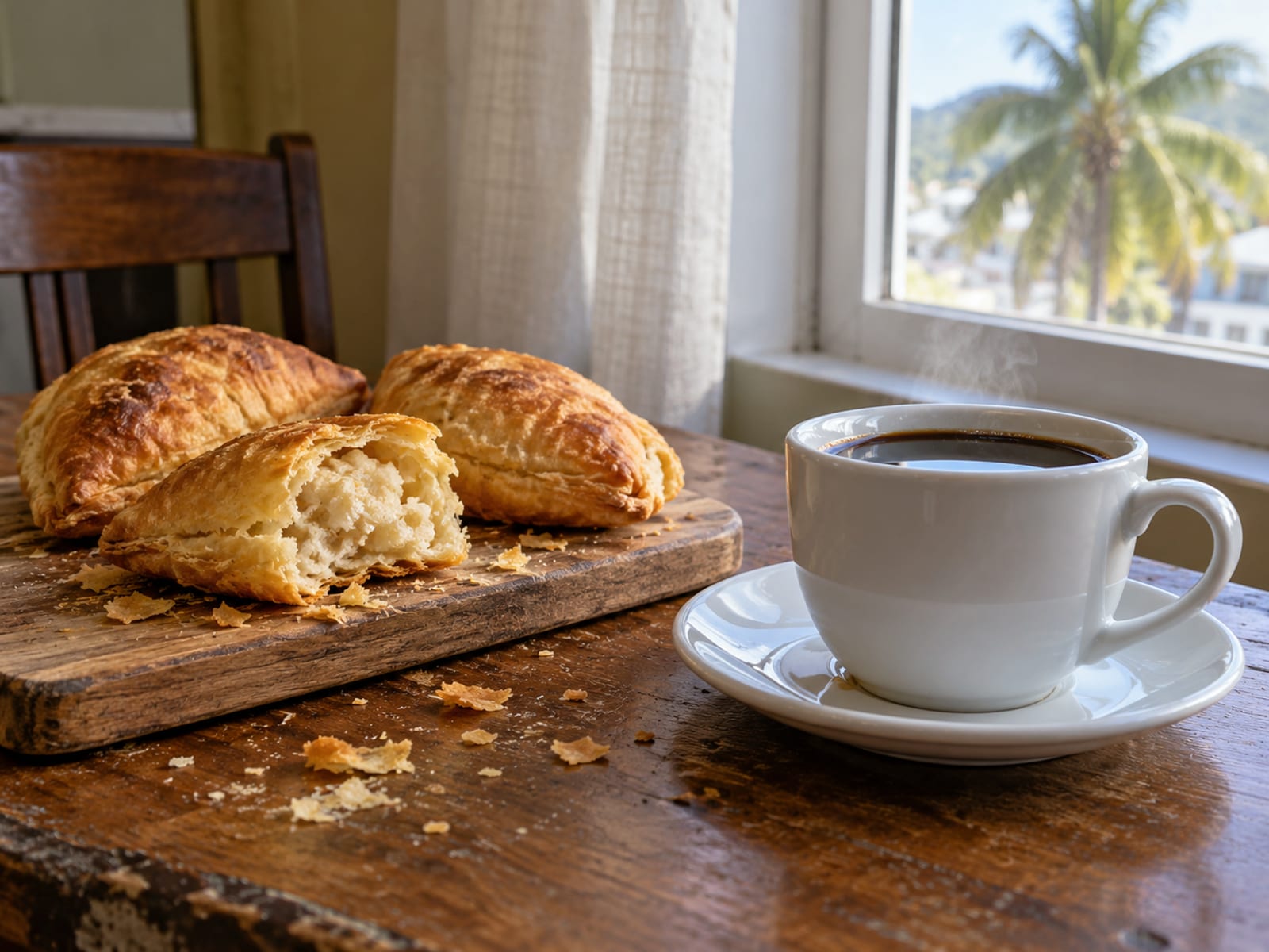 Coffee and pastries on a plain wooden table in soft morning light