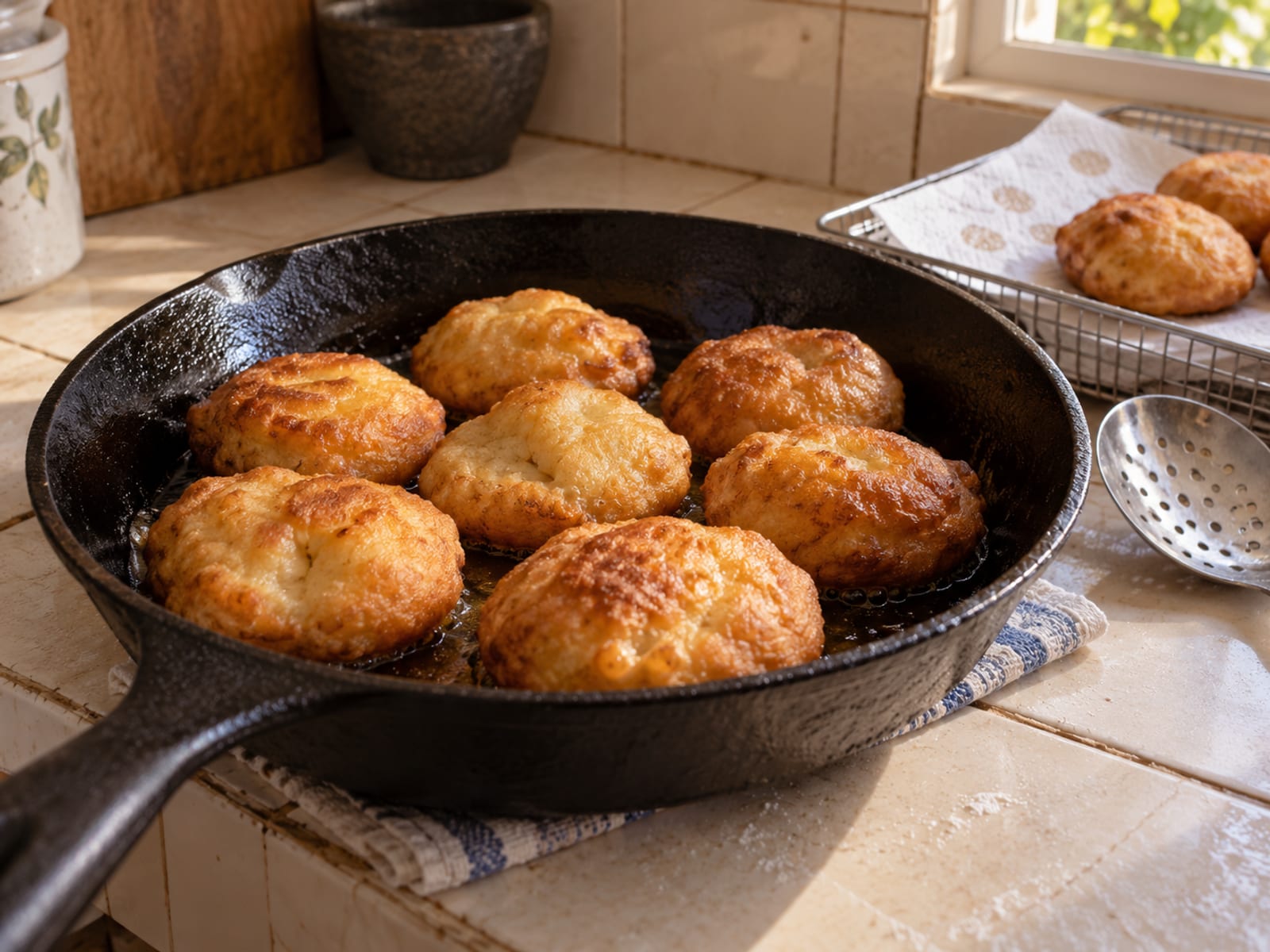 Golden fried dumplings in a heavy pan on a kitchen counter