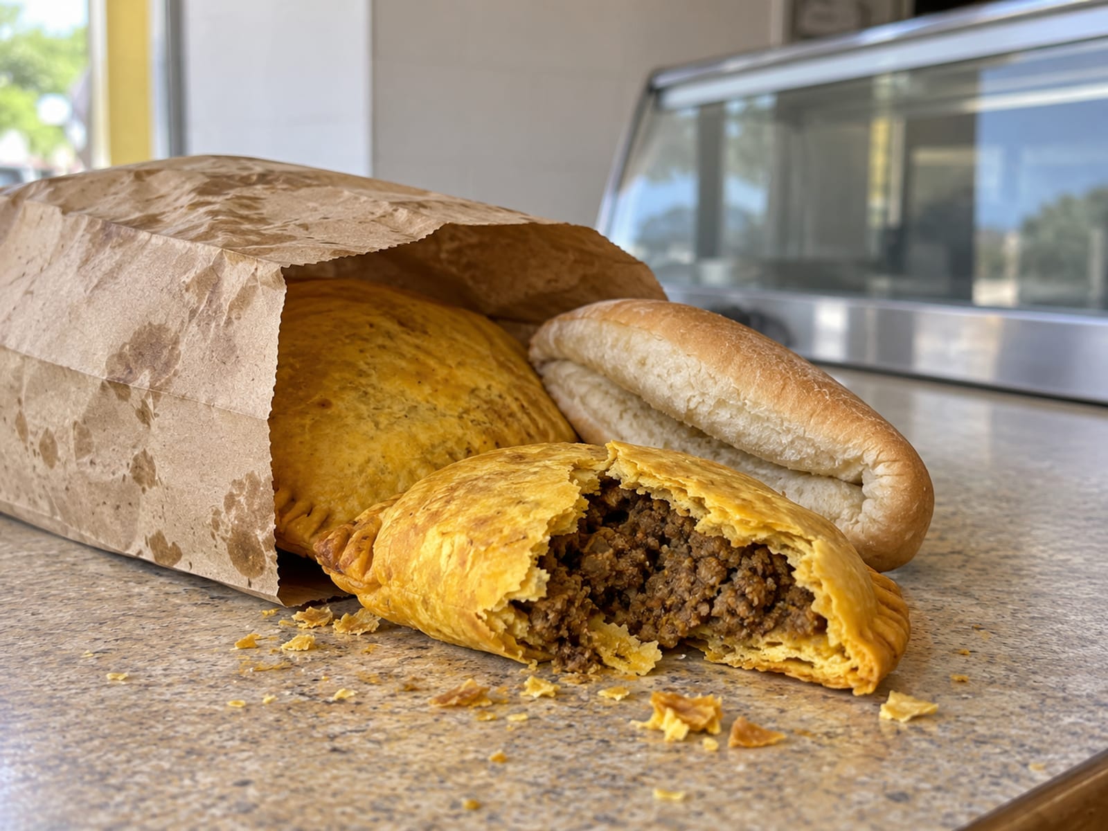 Golden patties and coco bread in a paper bag on a counter