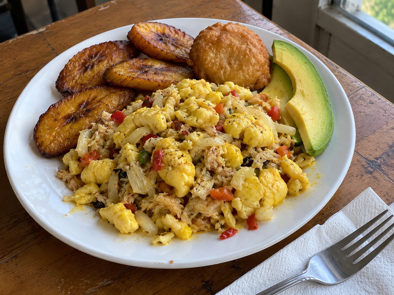 A plate of ackee and saltfish with fried plantain and a fried dumpling