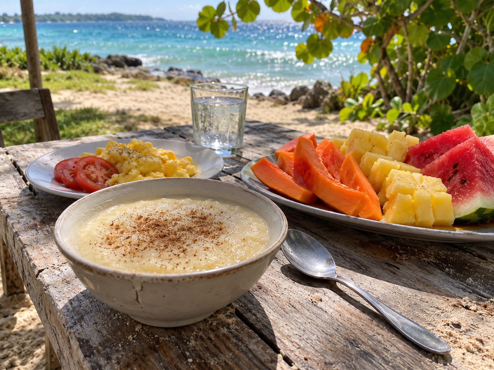 Plates of porridge, eggs and fruit set on a wooden table beside a sunlit beach