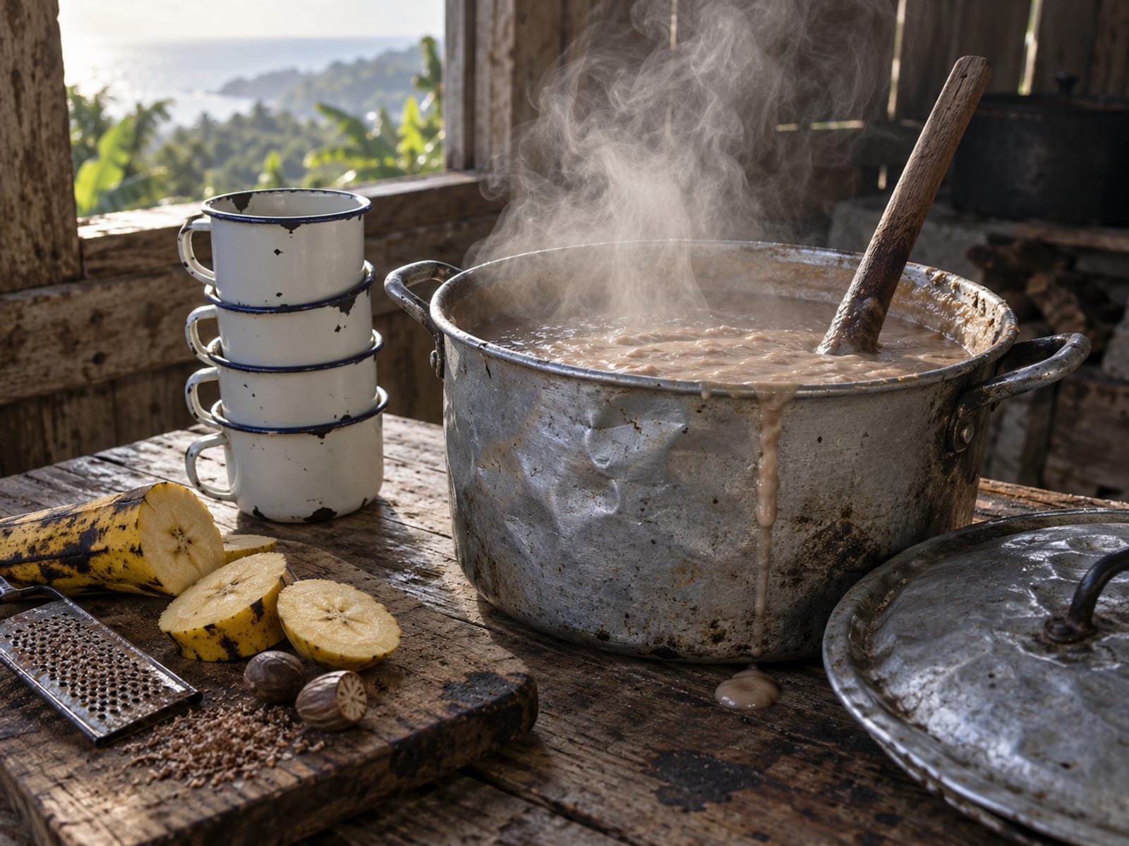 A steaming pot of peanut and plantain porridge beside enamel cups on a roadside table