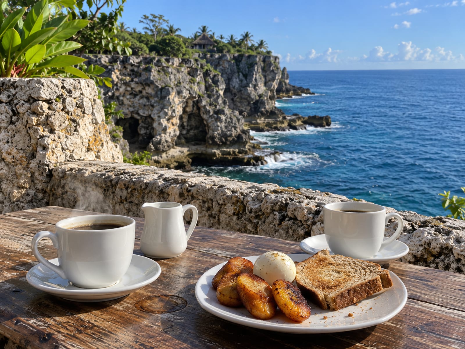 A breakfast table on a cliff-top terrace looking out over blue Caribbean water