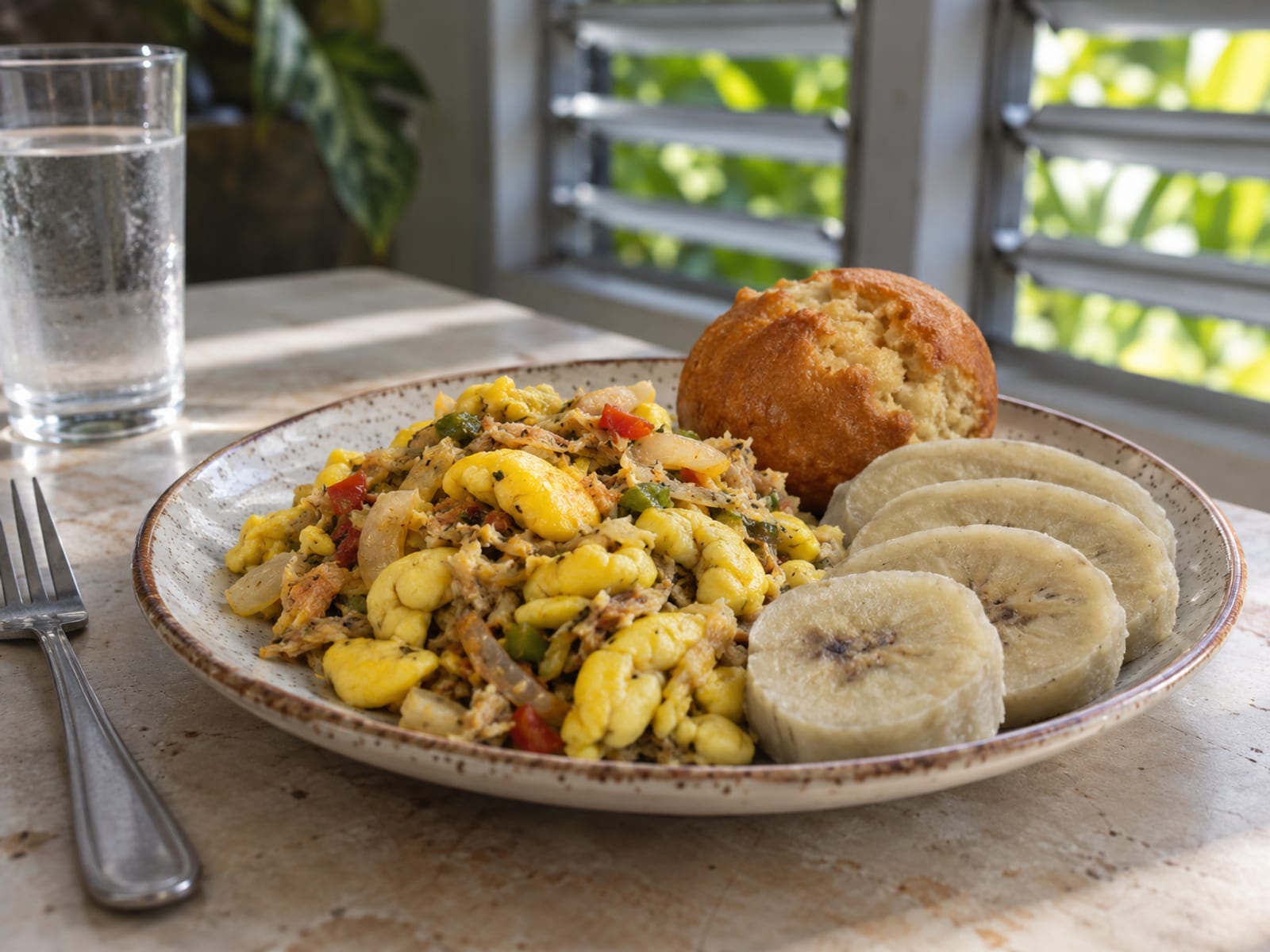 A plate of ackee and saltfish with boiled green banana and a fried dumpling