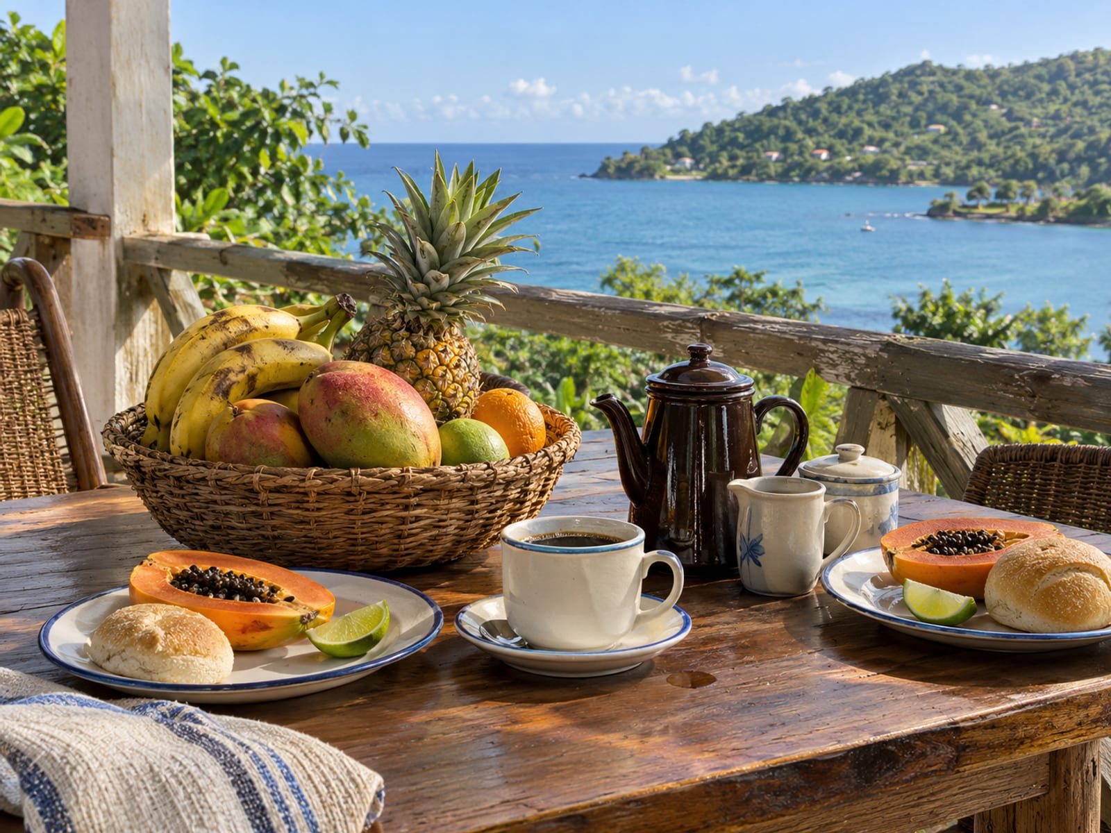 A hotel dining terrace table set for breakfast with a view over a calm bay