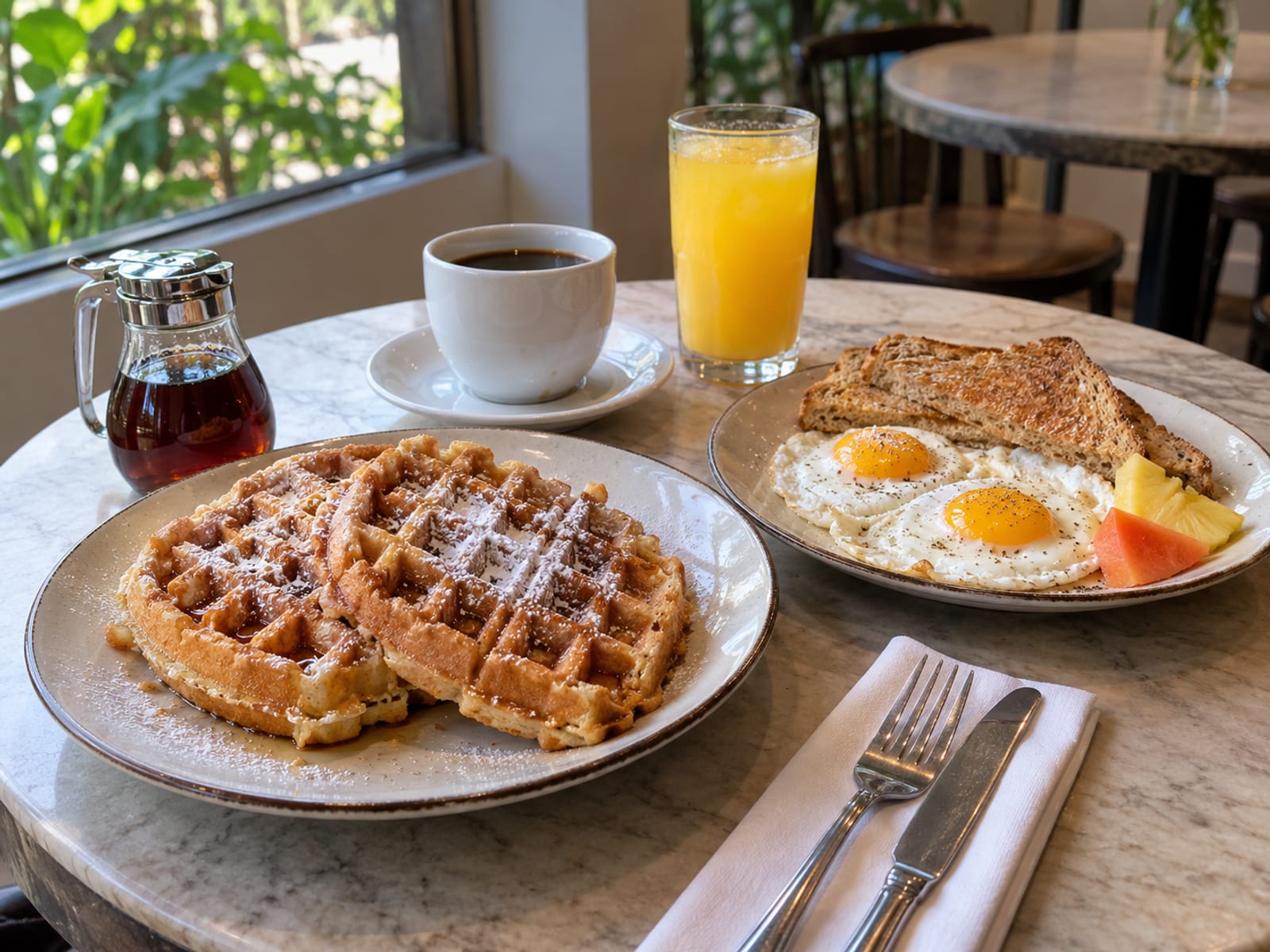 A café table set with waffles, eggs, coffee and fresh juice in morning light