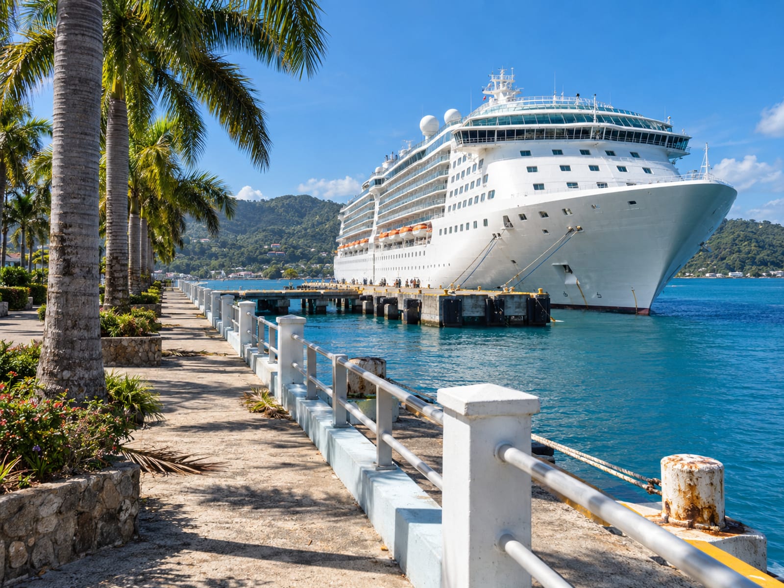 A cruise ship berthed at a Caribbean pier seen from a sunny waterfront walkway