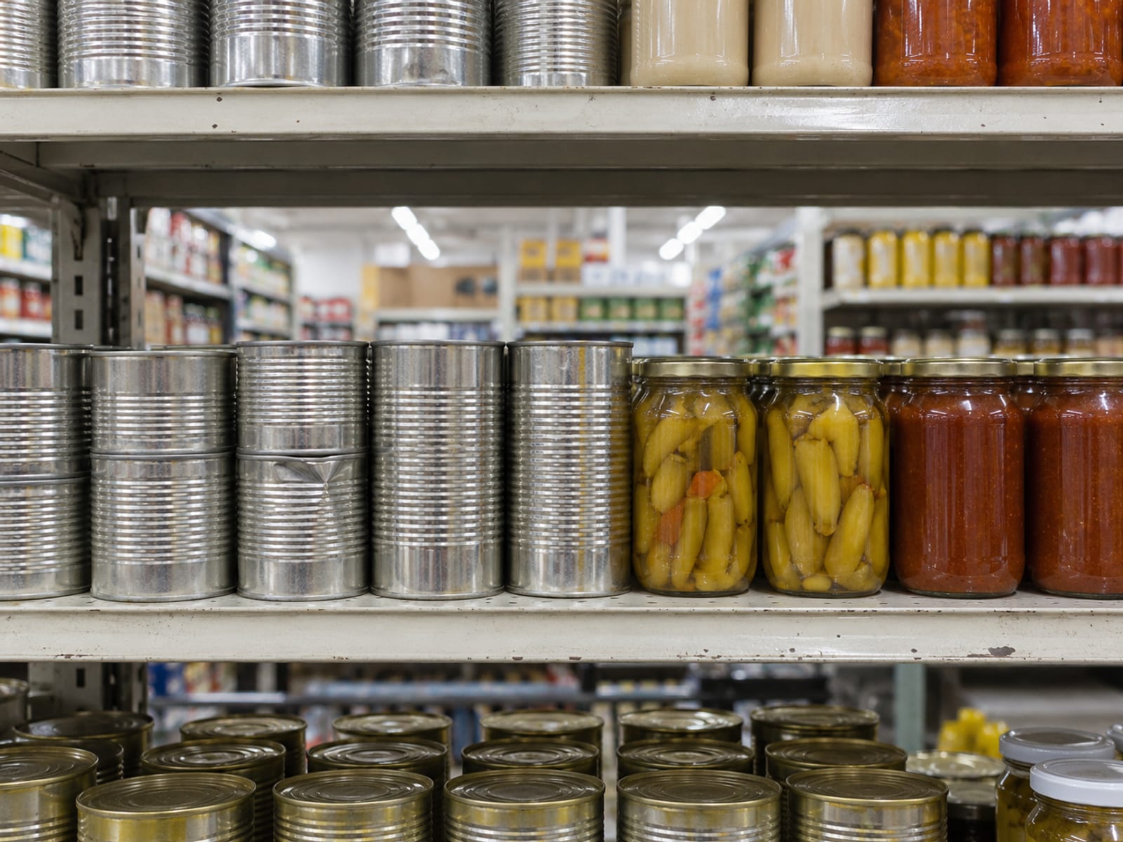 Rows of sealed tins and jars of Jamaican pantry food on a supermarket shelf