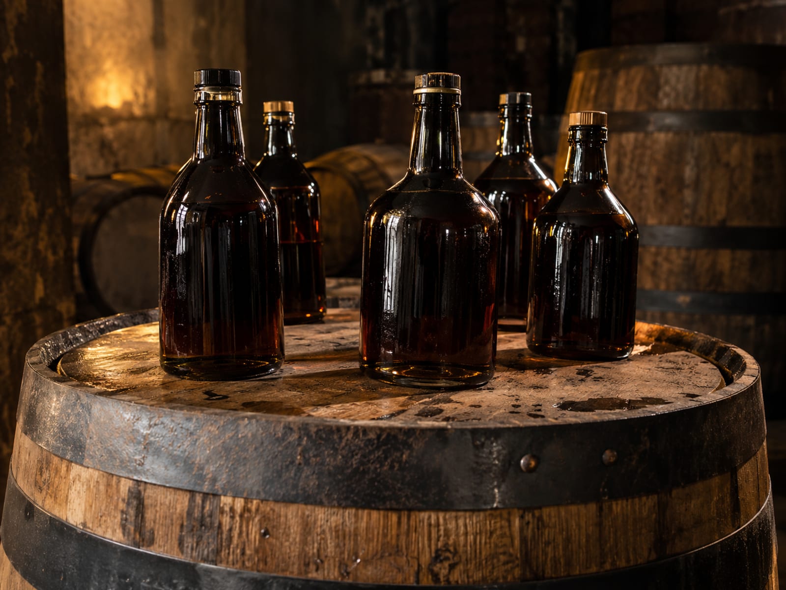 Dark Jamaican rum bottles standing sealed on a wooden barrel top