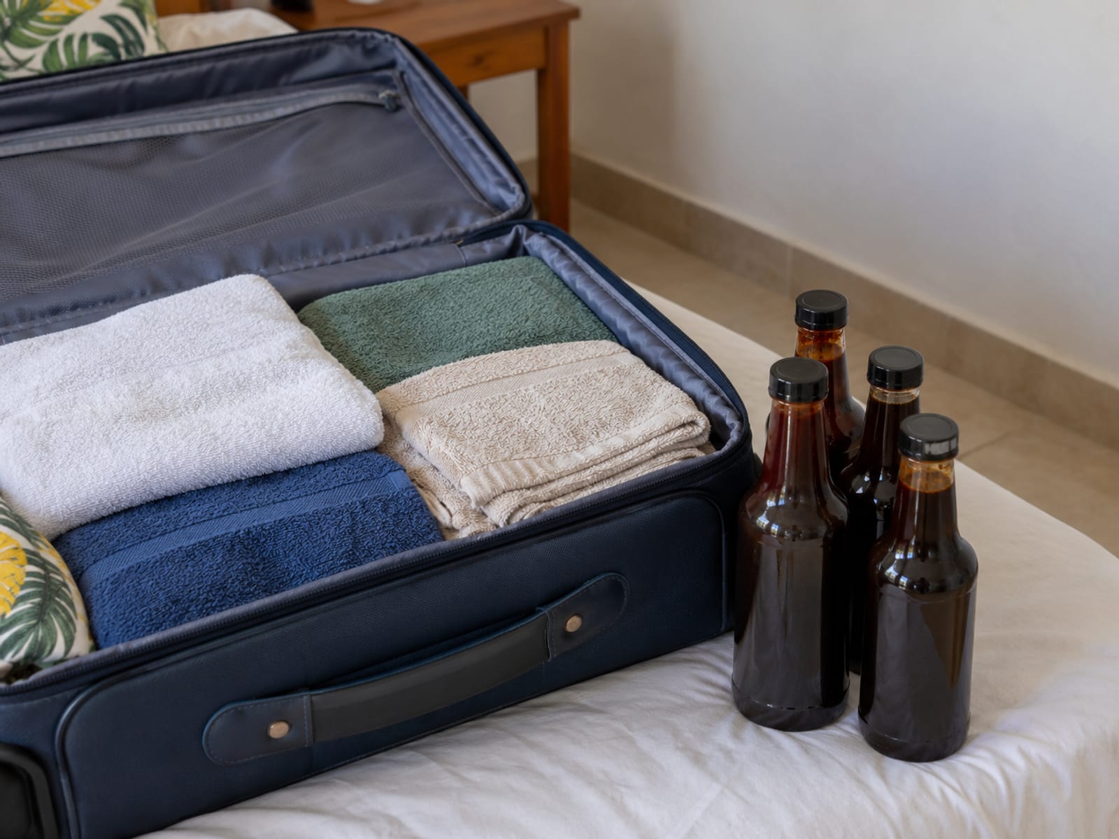 Open suitcase lined with towels beside sealed sauce bottles, ready for packing