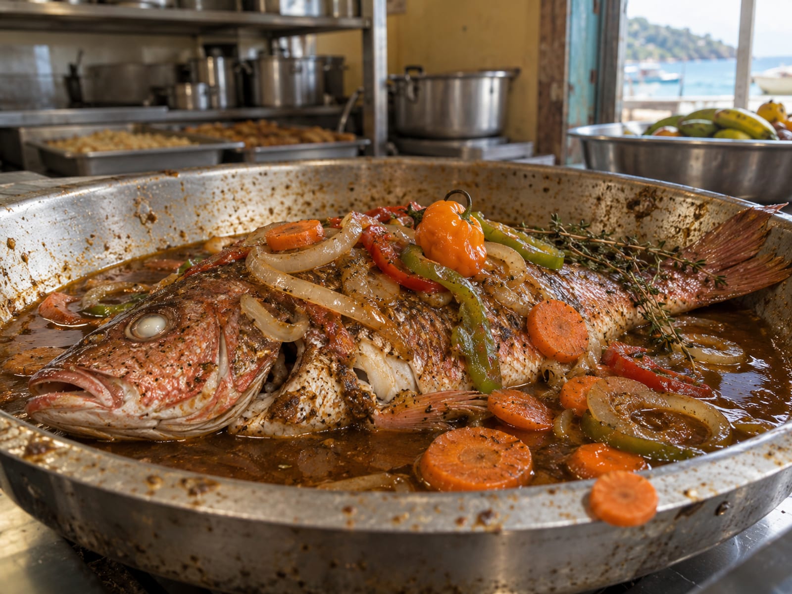 A whole fried snapper simmering in dark brown gravy with onions and peppers