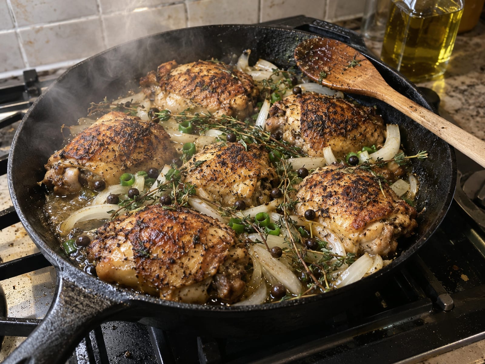 Pieces of seasoned chicken browning in a heavy pan with onion and thyme