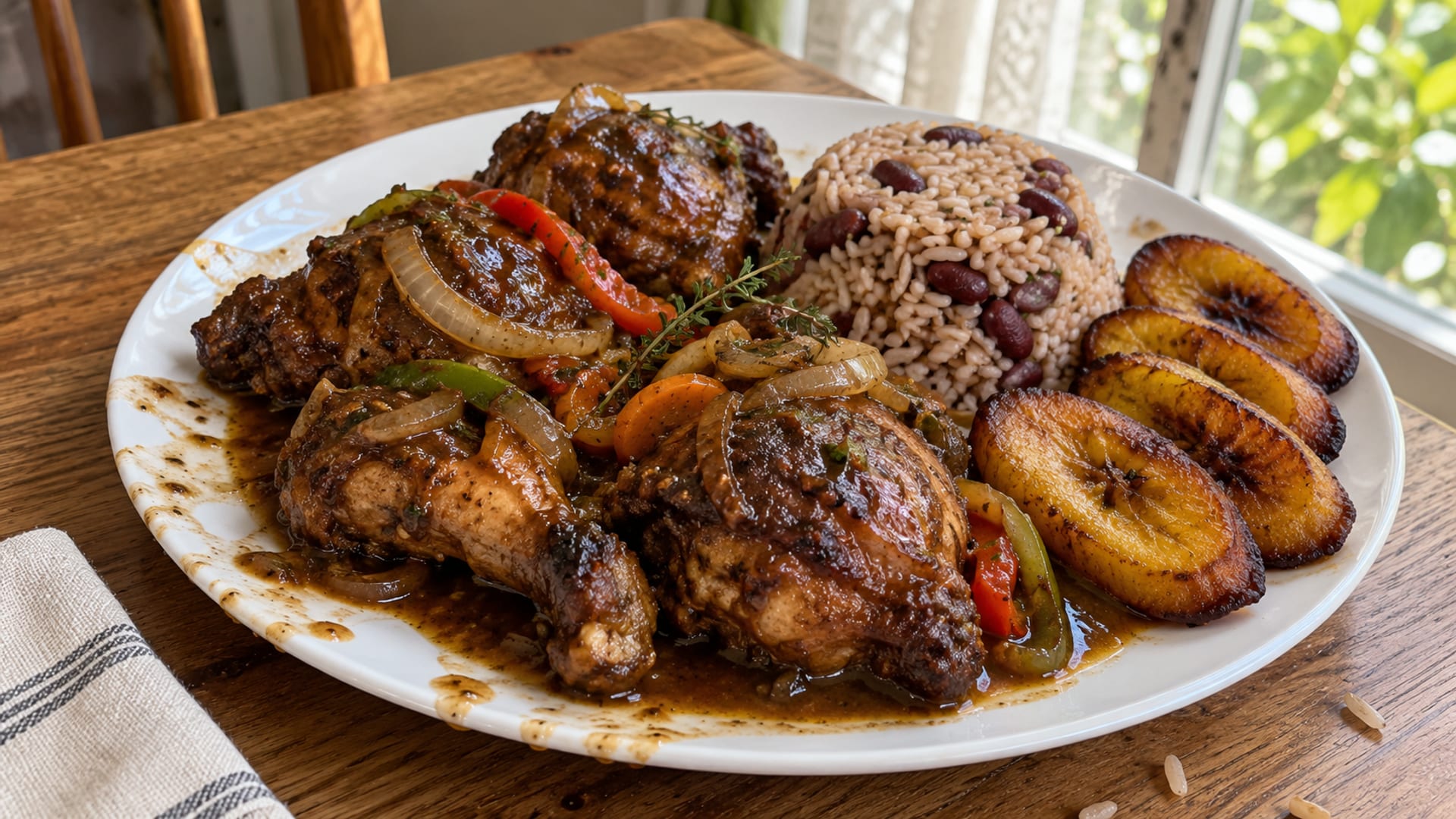 Brown stew chicken in dark gravy served over rice and peas on a plate
